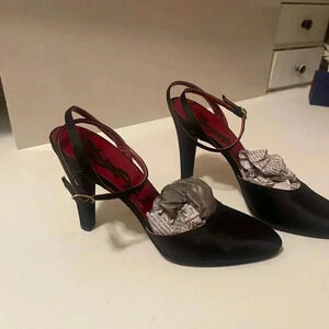 YSL Yves Saint Laurent Paris high heel open back shoes - black satin fabric